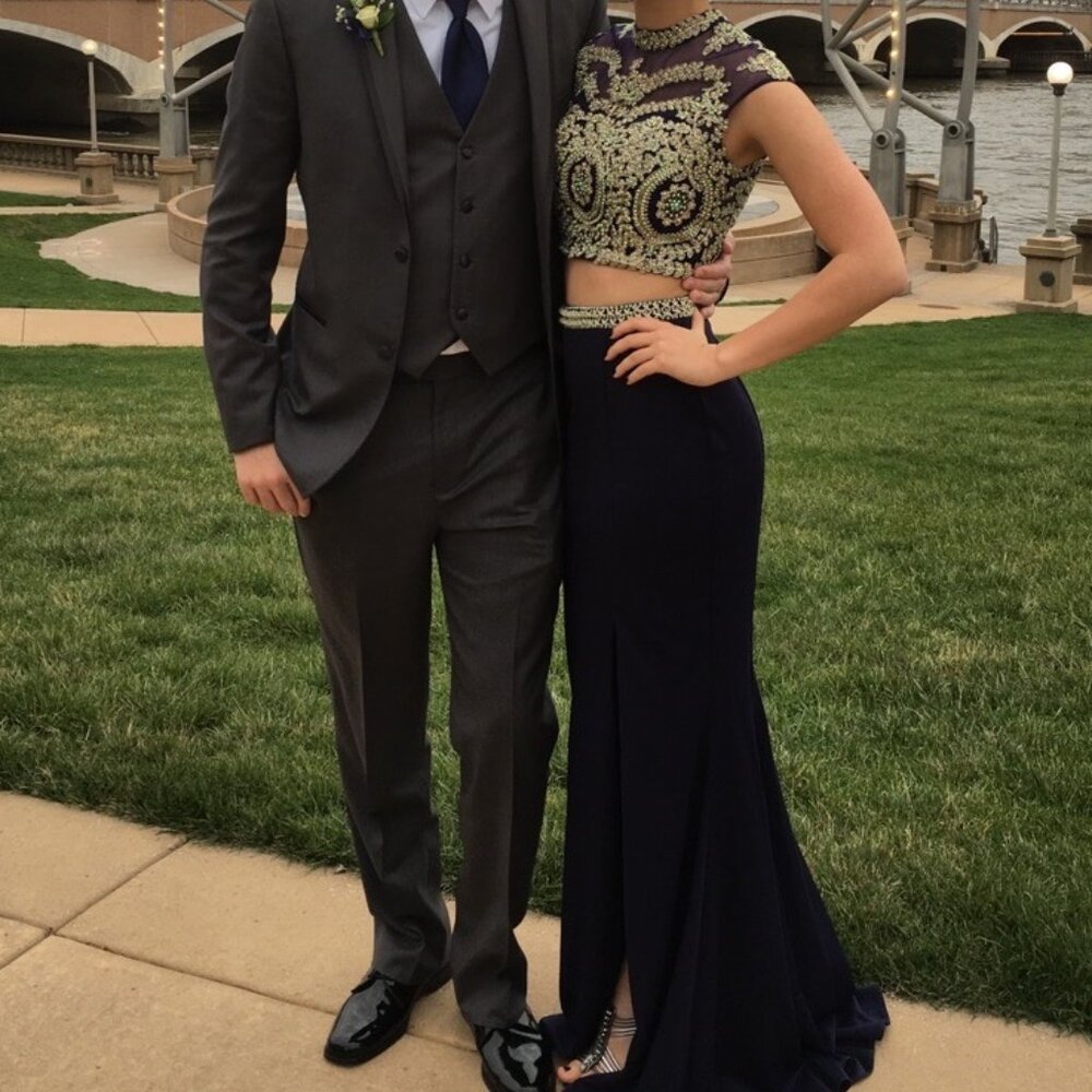 Navy blue two-piece embroidered prom dress